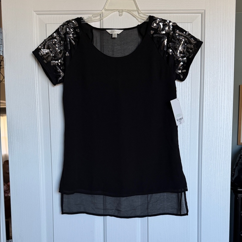 Decree Black Top with Silver Sequin Sleeves